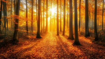 Obraz premium Enchanting Autumn Woodland: A Serene Walk Through Sunlit Trees with Golden Leaves and Gentle Shadows in a Captivating Forest Landscape