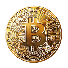Gold Bitcoin coin, digital currency symbol, isolated on a white background.