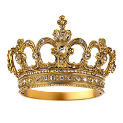 Golden crown with ornate design and jewels, white isolated background.