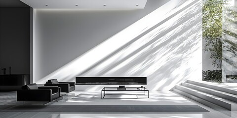 A serene and modern living room featuring minimalistic black furniture and large windows that create dramatic light and shadow patterns.