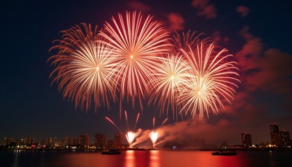 A spectacular fireworks show lighting up the night sky, viewed from across a calm body of water, evoking a sense of celebration and grandeur.