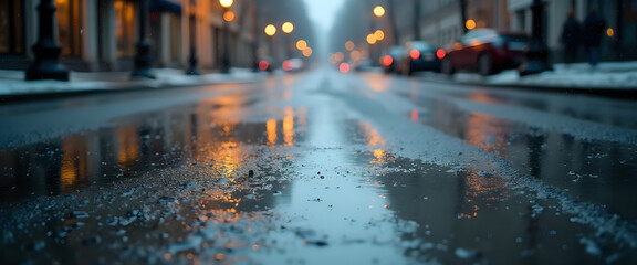 Fototapeta premium Rainy street reflections with city lights at night