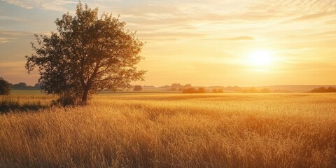Obraz premium Golden sunset over a serene field with a lone tree on the horizon.