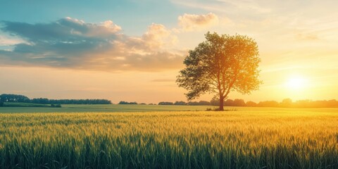 Fototapeta premium Golden sunset over a serene field with a single tree silhouette.