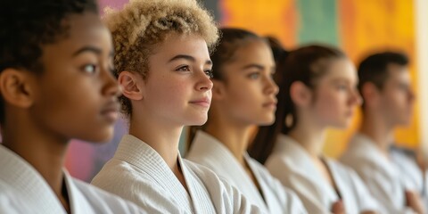 Obraz premium Group of focused individuals in martial arts uniforms, soft focus background