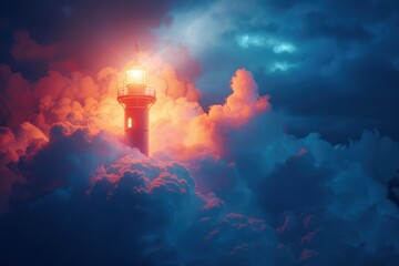 Obraz premium Beacon of Success: Glowing Lighthouse Amidst Dramatic Cloudscape for Inspirational Design