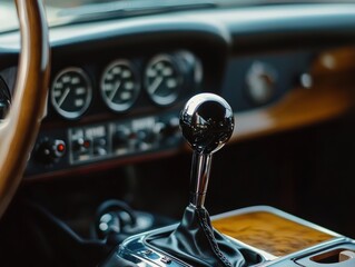 Close up view of a classic car's interior with leather seats and shifter, vintage or modern gauge