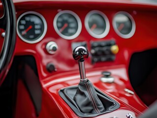 Close up view of a classic car's interior with leather seats and shifter, vintage or modern red...