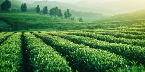 Naklejka premium Lush green tea fields under soft morning light, peaceful landscape view.