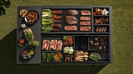 Colorful Food Spread on Grill with Fresh Ingredients
