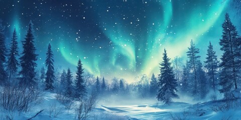 Majestic northern lights illuminate a serene winter landscape with snow and trees.