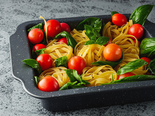 Delicious Fettuccine Pasta with Fresh Tomato Pomodoro Sauce and Parmesan Garnished with Basil