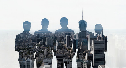 Group of business people double exposure with cityscape and skyscrapers on light background.