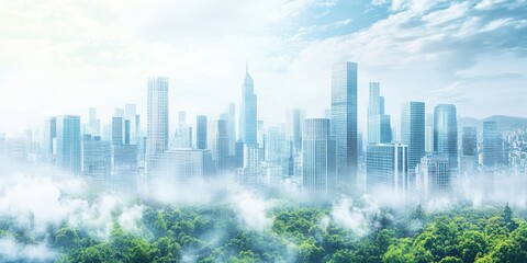 Fototapeta premium Modern city skyline emerging from mist with lush green landscapes.