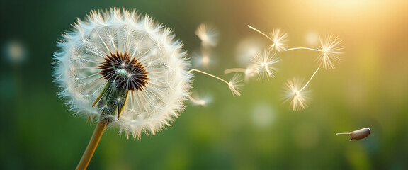 Dandelion seeds floating in the wind with a soft focus