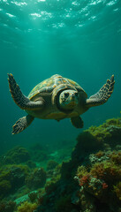 Graceful Sea Turtle Swimming Serenely in Turquoise Underwater Scene