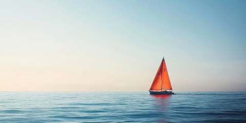 Sailboat with orange sail on tranquil water and clear sky.