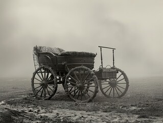 Fototapeta premium Vintage Horse-Drawn Carriage in a Foggy Field