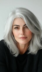 Naklejka premium Mature woman with silver hair wearing a black sweater.