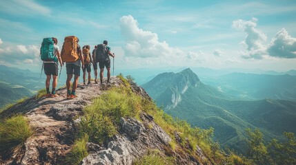 Obraz premium Exploring New Heights: A Group of Adventurous Hikers Trekking Along a Majestic Mountain Summit Under a Breathtaking Sky