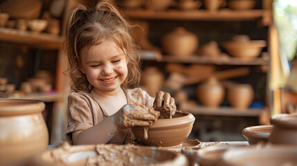 Child working on pottery wheel. Kids arts crafts class in workshop. Little girl creating cup bowl of clay children learning, development of motor skills and creativity in ceramic