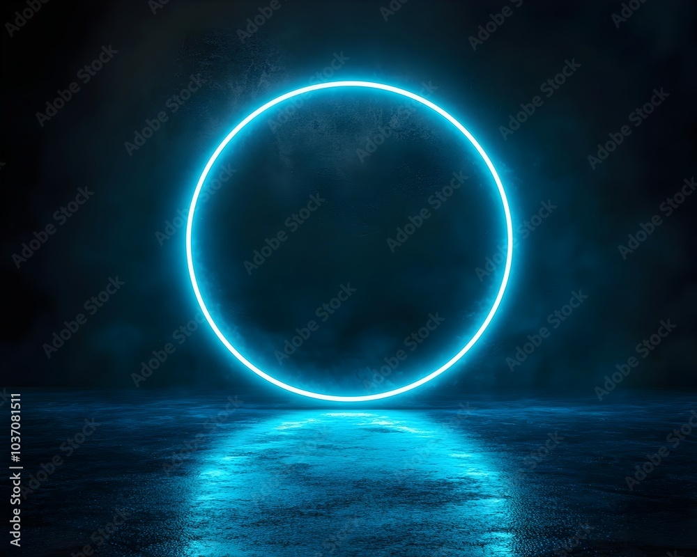 Poster neon blue hovering circle in dark background for product concept display
