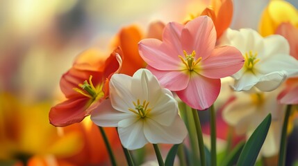 Obraz premium Vibrant Spring Blooms in Pink, Orange, and White, Perfect for Floral, Botanical, and Garden-Themed Designs
