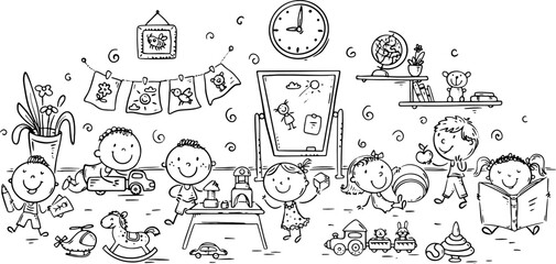 Outline illustration of cartoon little kids playing with toys in kindergarten. Indoor children activities, kindergarten boys and girl cooperation.