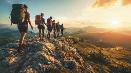 Obraz premium Adventurers on a Journey: A Group of Hikers Trekking Through Majestic Landscapes at Sunset, Embracing Nature's Beauty and the Thrill of Exploration