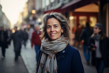 Portrait of smiling middle aged woman walking in the city street.