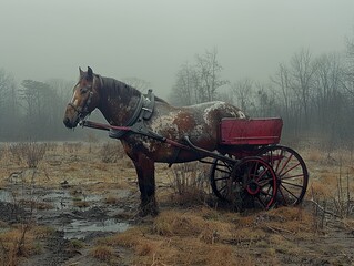 Obraz premium Horse and Carriage in Foggy Field