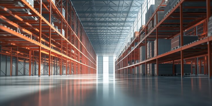 Spacious warehouse interior with bright light illuminating the shelves.
