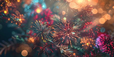 New Year's background with fireworks, bright colors, light effects, and a festive atmosphere.
