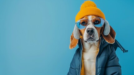 Beagle dog on blue background.