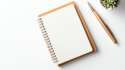 Minimalistic workspace with a blank notebook, pen, and a small plant for a fresh and inspiring creative environment.