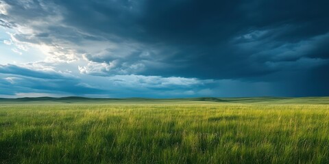Vast green field under a dramatic stormy sky, nature's beauty captured beautifully.