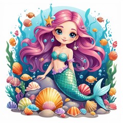 mermaid in the water, Little Mermaid Fantasy Art – Watercolor Mermaid with Colorful Shells