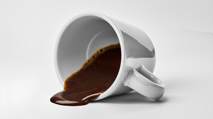 A photo of a white ceramic coffee cup with dark brown coffee. The coffee inside the cup is also tilted towards the edge. no background