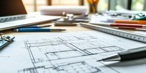 Professional Architect's Desk with Premium Drafting Tools, Rulers, and Technical Pens