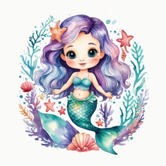 Watercolor Mermaid with Colorful Shells – Fantasy Sea Art