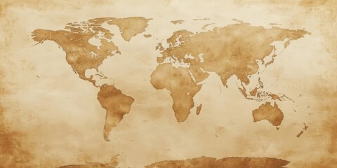 Vintage world map on paper with sepia tones, ideal for travel enthusiasts.