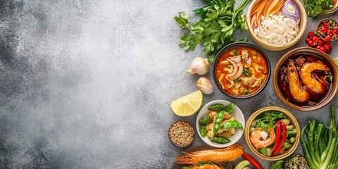 A variety of colorful dishes arranged on a textured surface.