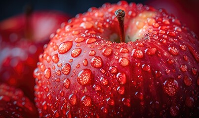 A striking macro image capturing water droplets clinging to the vibrant, red surface of an apple, each droplet reflecting light to emphasize the fruit's freshness and texture.