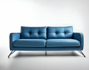 Fototapeta premium A minimalist blue sofa with sleek metal legs, isolated on a crisp white background, accentuating its simple yet stylish design. The composition offers a chic, modern vibe