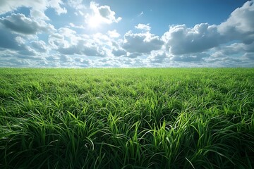 Obraz premium Vibrant green grass under a bright blue sky scattered with fluffy white clouds, evoking a sense of tranquility and the beauty of nature's landscape.