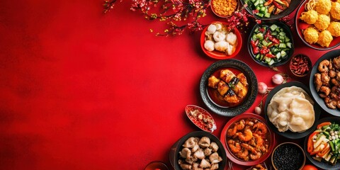 Fototapeta premium Colorful assortment of traditional dishes on a vibrant red backdrop.