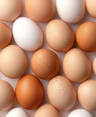 A close-up view of assorted fresh eggs displaying different colors and textures, ideal for food and culinary themes.