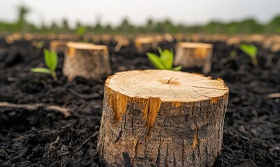 A close-up view of tree stumps in brown soil, with green shoots emerging, symbolizing nature's resilience and regeneration.