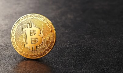 A detailed close-up of a golden Bitcoin coin shining on a dark surface, symbolizing modern cryptocurrency investment.