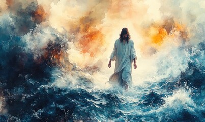 Fototapeta premium A divine figure walks on turbulent waters against a dramatic backdrop of waves and stormy skies, symbolizing faith and hope.